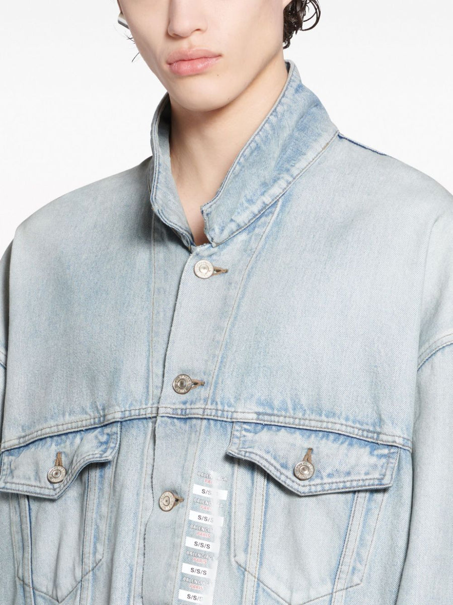 Balenciaga Denim Jacket Unisex Drop Shoulder With Flap Pockets Logo Patch Premium Streetwear Light Blue Washed Denim