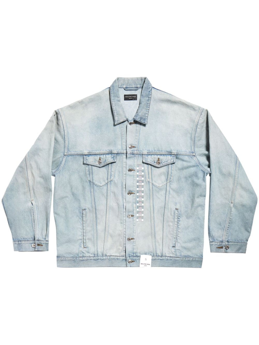 Balenciaga Denim Jacket Unisex Drop Shoulder With Flap Pockets Logo Patch Premium Streetwear Light Blue Washed Denim