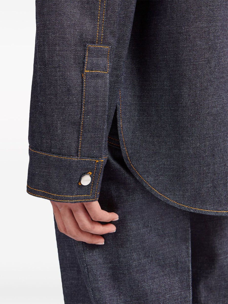 Ferragamo Navy Cotton Denim Shirt For Men 100% Washed Cotton, Modern Proportions, Premium Details