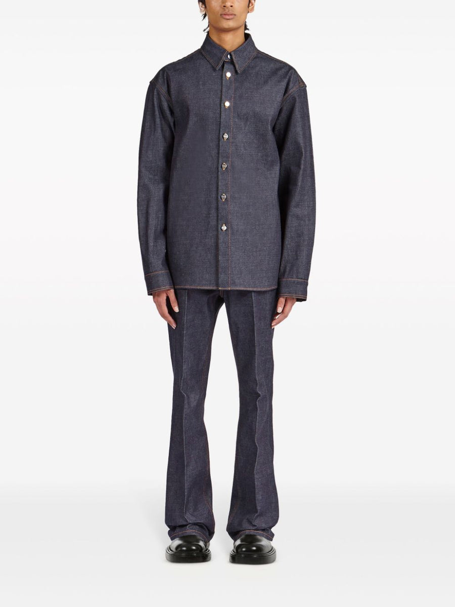 Ferragamo Navy Cotton Denim Shirt For Men 100% Washed Cotton, Modern Proportions, Premium Details