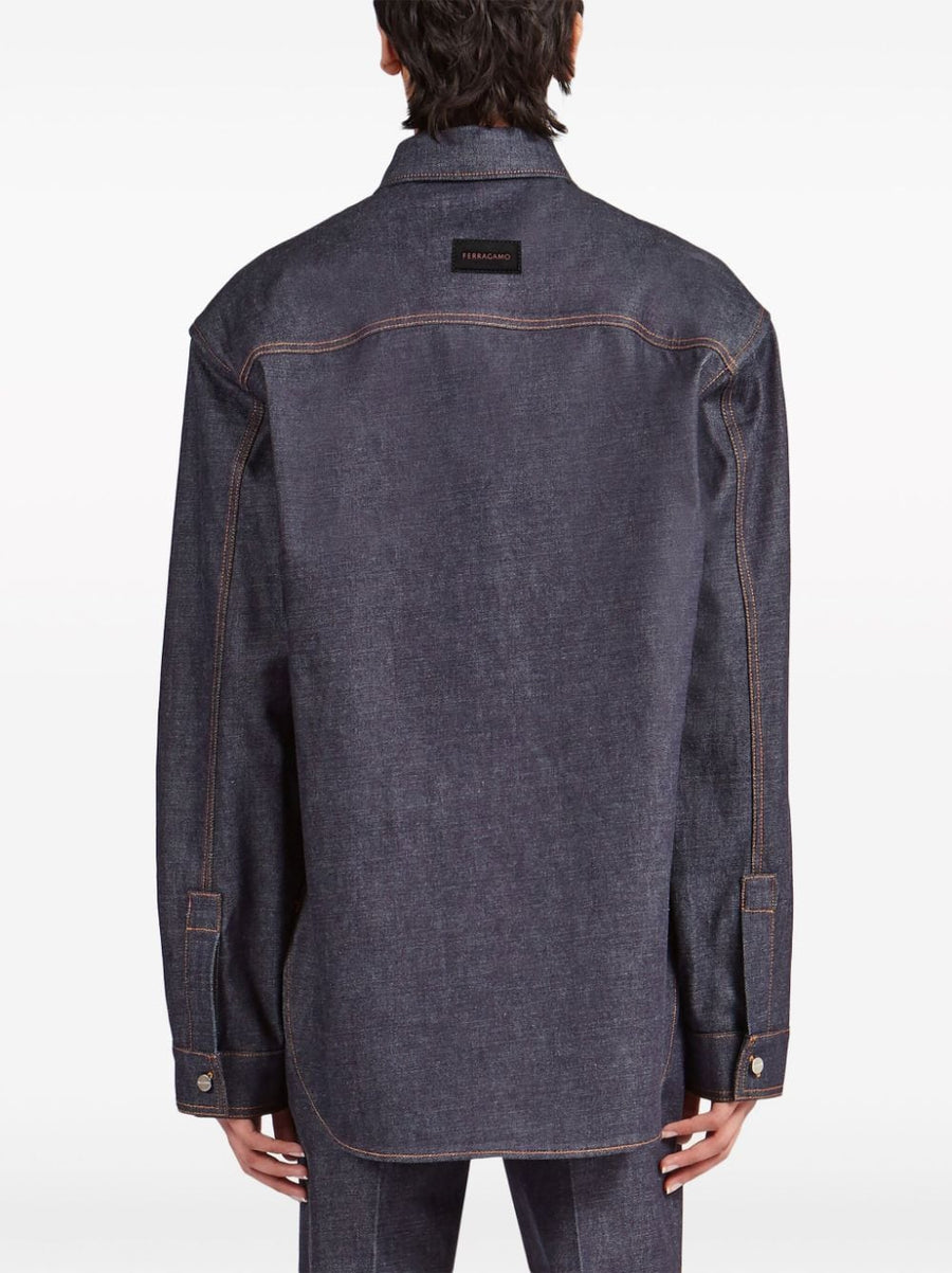 Ferragamo Navy Cotton Denim Shirt For Men 100% Washed Cotton, Modern Proportions, Premium Details