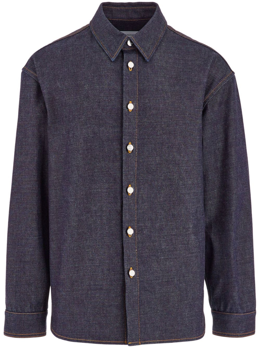 Ferragamo Navy Cotton Denim Shirt For Men 100% Washed Cotton, Modern Proportions, Premium Details