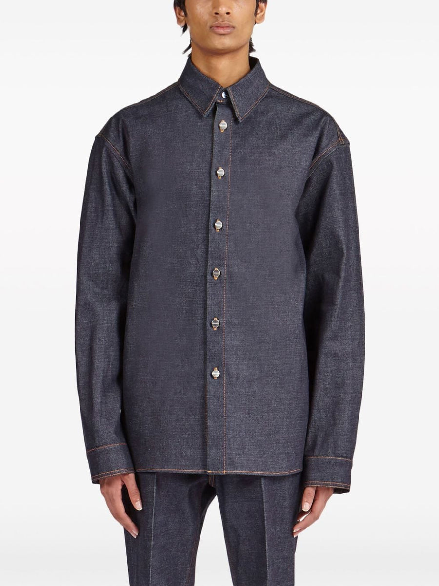 Ferragamo Navy Cotton Denim Shirt For Men 100% Washed Cotton, Modern Proportions, Premium Details