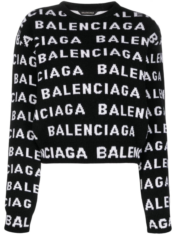 Balenciaga Logo Wool Cropped Sweater For Women With Bold Intarsia Logo And Premium Warmth