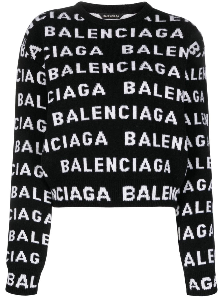 Balenciaga Logo Wool Cropped Sweater For Women With Bold Intarsia Logo And Premium Warmth