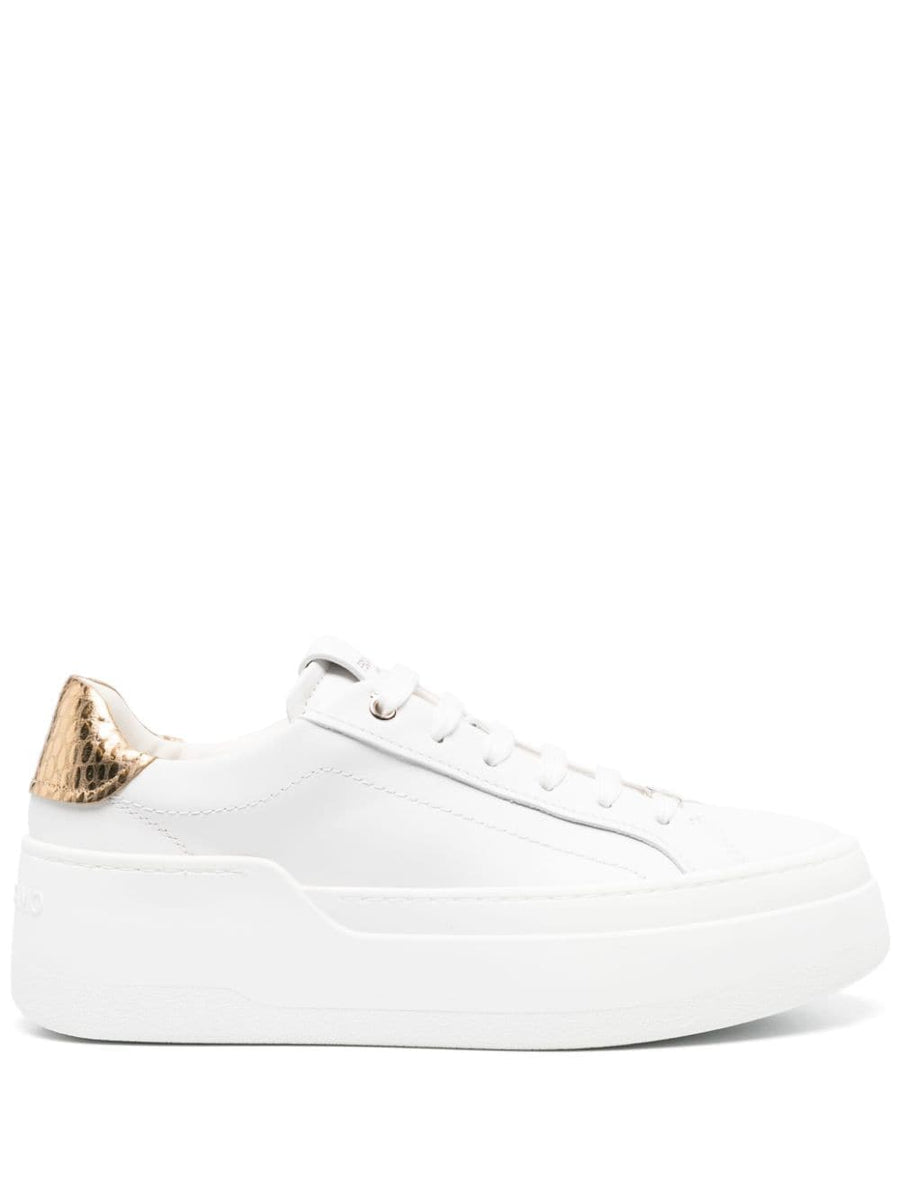 Ferragamo Platform Sneakers For Women With White Calf Leather Panelled Upper And Luxurious Gold Tone Accents