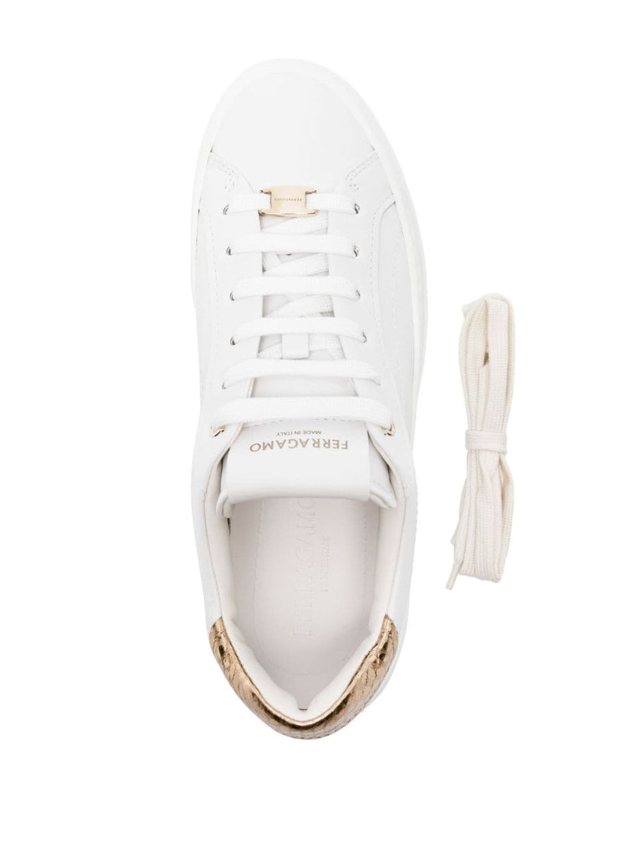 Ferragamo Platform Sneakers For Women With White Calf Leather Panelled Upper And Luxurious Gold Tone Accents