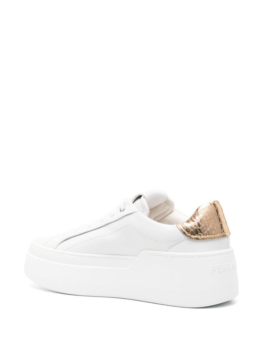 Ferragamo Platform Sneakers For Women With White Calf Leather Panelled Upper And Luxurious Gold Tone Accents