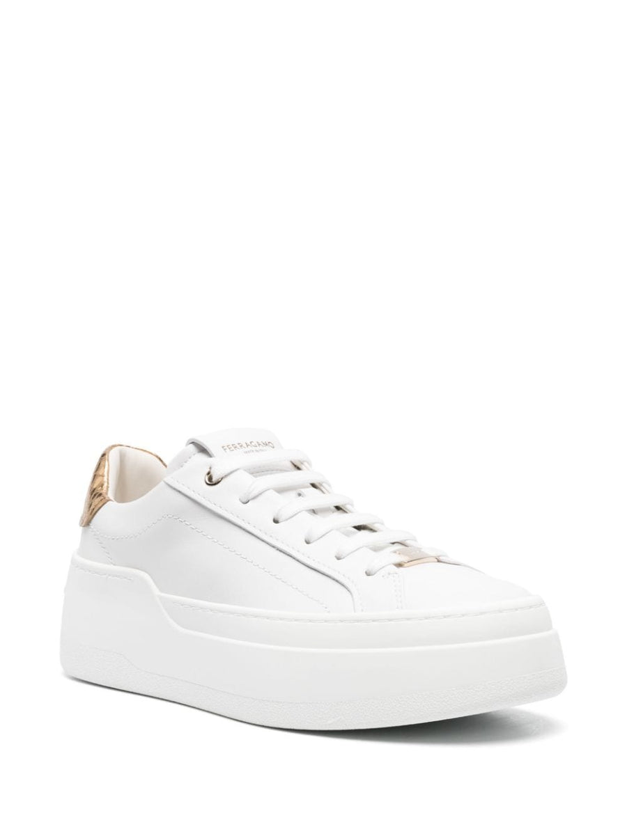 Ferragamo Platform Sneakers For Women With White Calf Leather Panelled Upper And Luxurious Gold Tone Accents