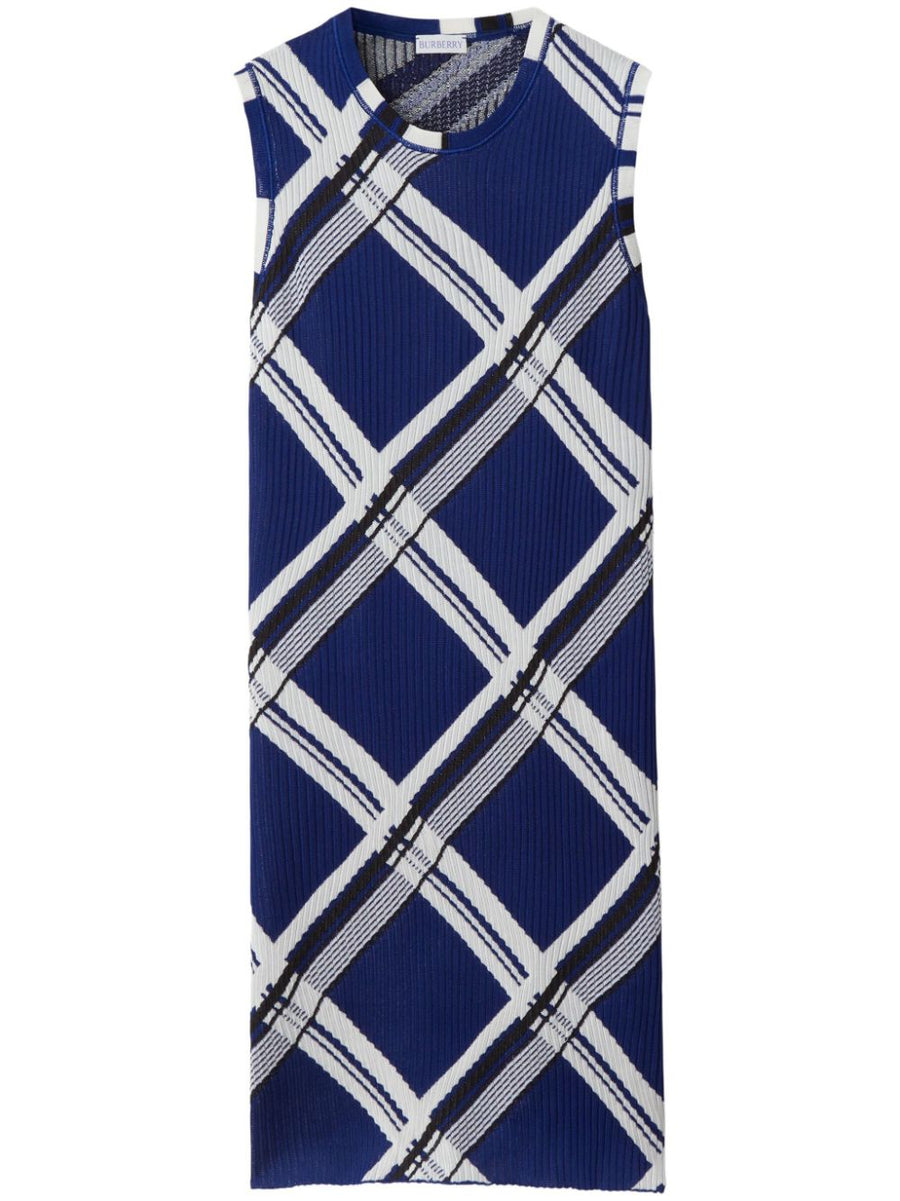 Burberry Silk Dress Navy Check Print With Ribbed Detail For Refined Women Sleeveless Roundneck Silhouette