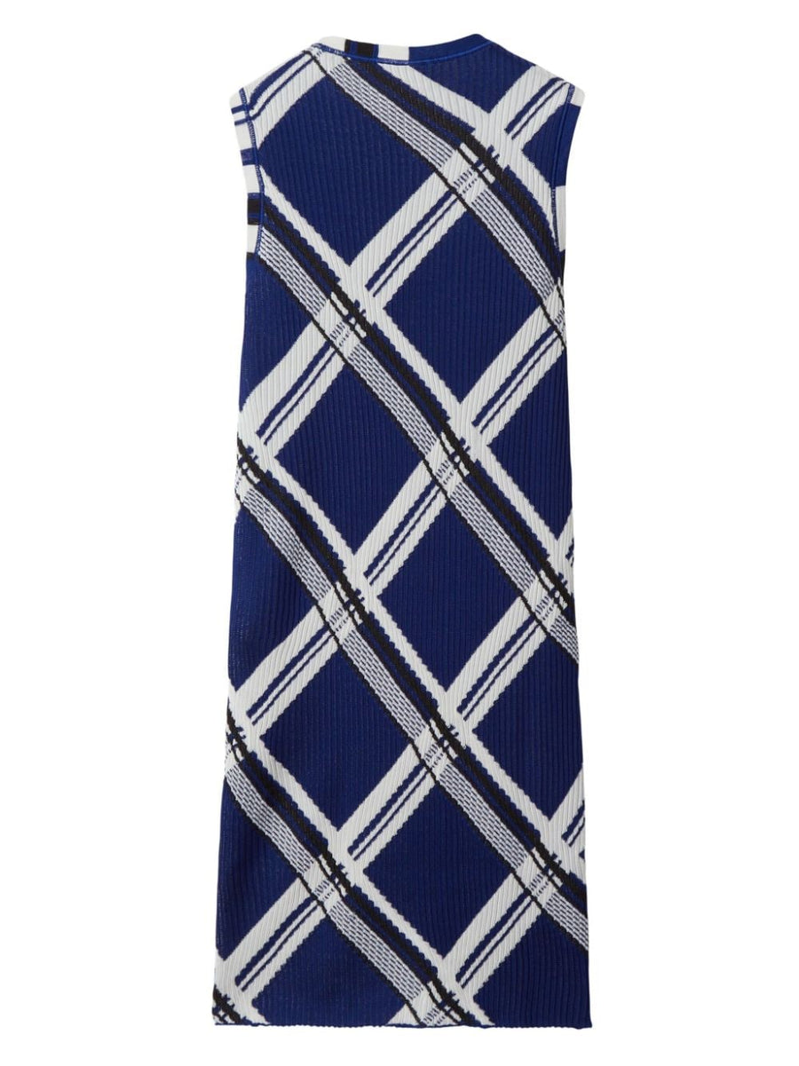 Burberry Silk Dress Navy Check Print With Ribbed Detail For Refined Women Sleeveless Roundneck Silhouette