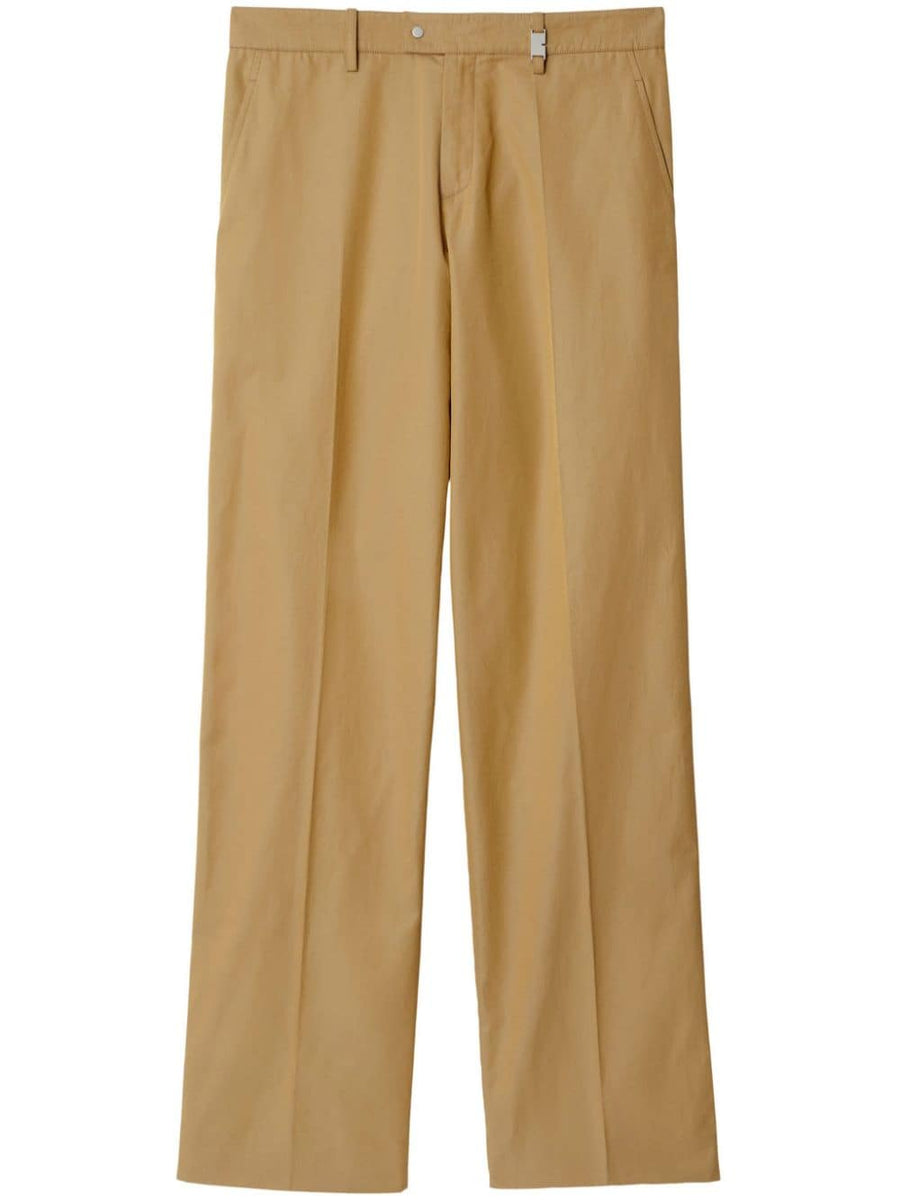 Burberry Straight Leg Cotton Trousers For Men Beige With Concealed Front Fastening And Pressed Crease