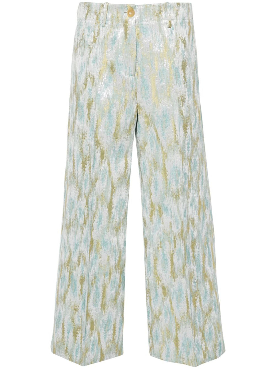 Erika Cavallini Semi-Couture Printed Cropped Trousers For Women Luxurious Multicolor Jacquard Wide Leg Smart Casual