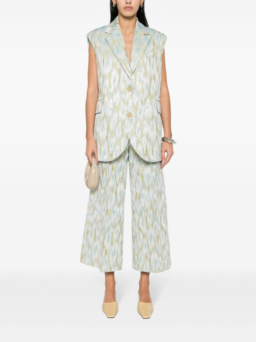 Erika Cavallini Semi-Couture Printed Cropped Trousers For Women Luxurious Multicolor Jacquard Wide Leg Smart Casual