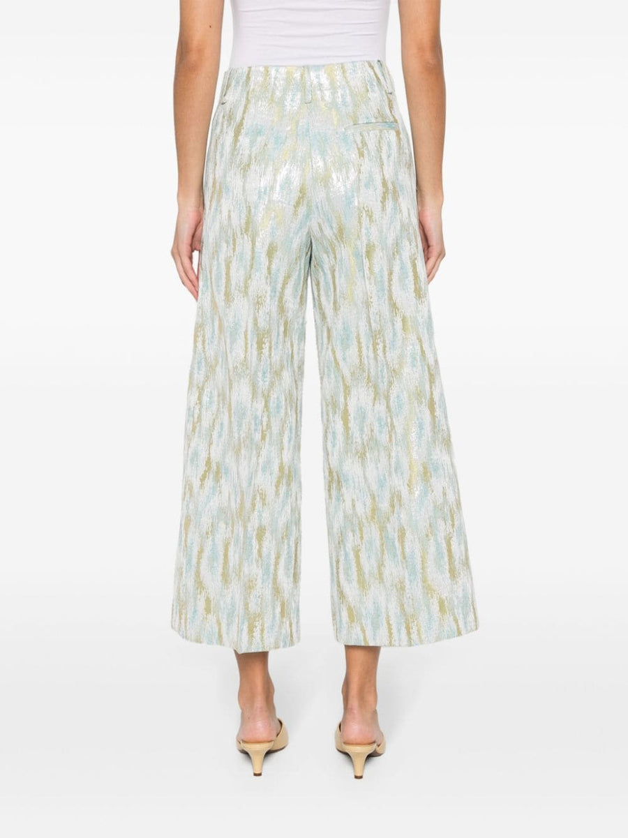 Erika Cavallini Semi-Couture Printed Cropped Trousers For Women Luxurious Multicolor Jacquard Wide Leg Smart Casual