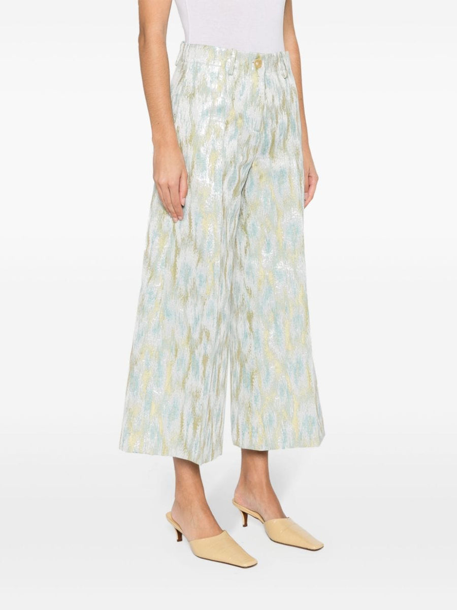 Erika Cavallini Semi-Couture Printed Cropped Trousers For Women Luxurious Multicolor Jacquard Wide Leg Smart Casual