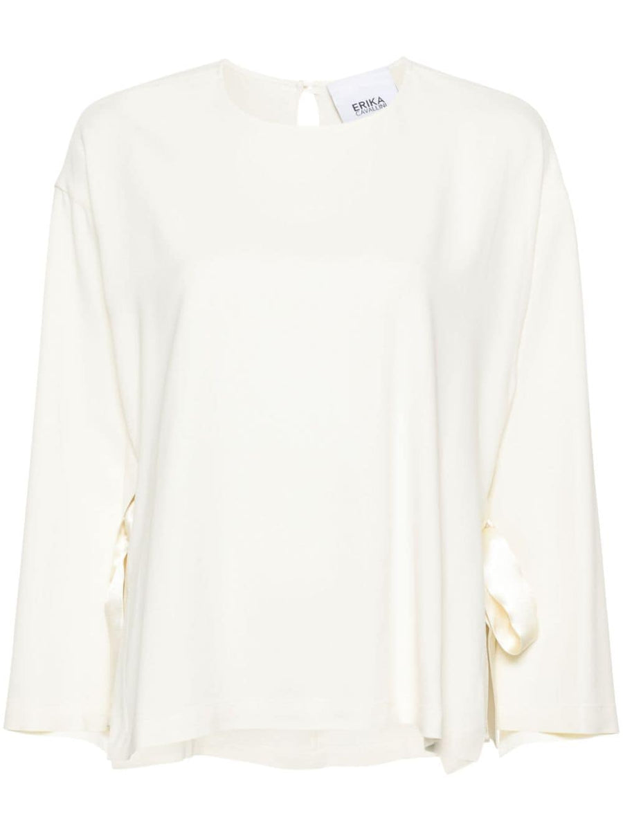 Erika Cavallini Semi Couture Cady Texture Blouse For Women Round Neckline Wide Sleeves Satin Self Tie