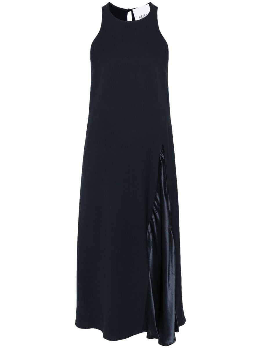Erika Cavallini Semi Couture Navy Sleeveless Midi Dress For Women Elegant Viscose Blend With Subtle Cady Texture