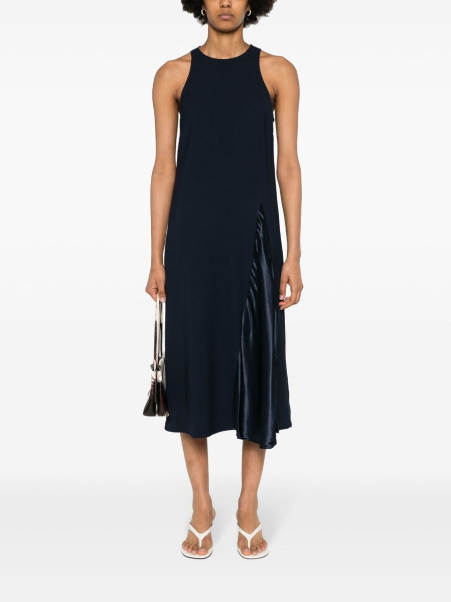 Erika Cavallini Semi Couture Navy Sleeveless Midi Dress For Women Elegant Viscose Blend With Subtle Cady Texture