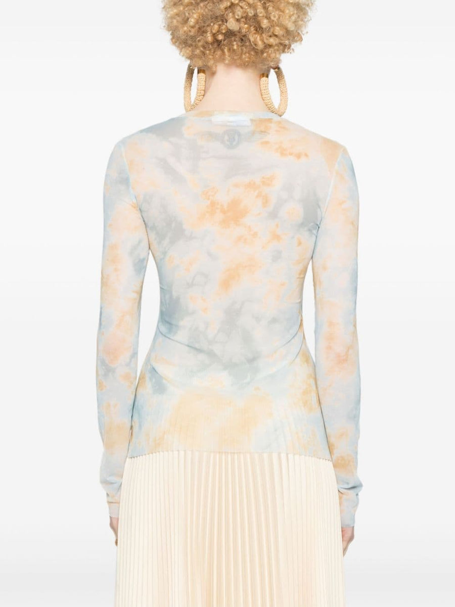 Erika Cavallini Semi Couture Women Long Sleeve Printed Top Versatile Two Tone Graphic Lightweight Semi Sheer Knit