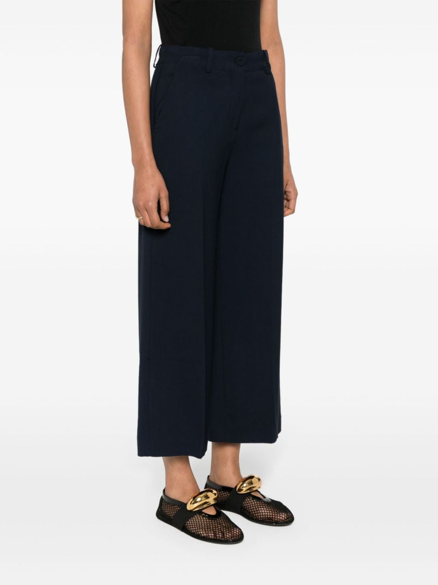 Erika Cavallini Semi Couture Wide Leg Trousers Navy Cady Texture For Women Luxury Polished Cropped Silhouette