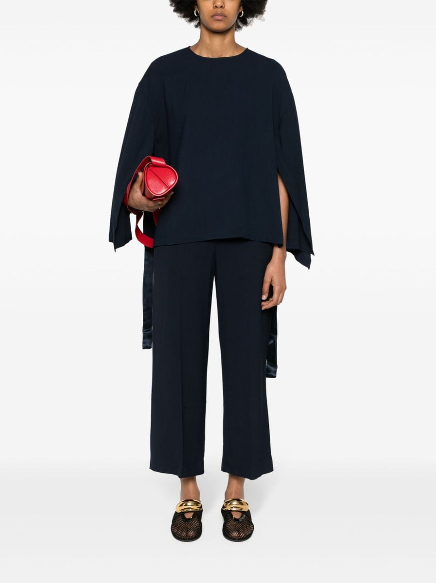 Erika Cavallini Semi Couture Wide Leg Trousers Navy Cady Texture For Women Luxury Polished Cropped Silhouette