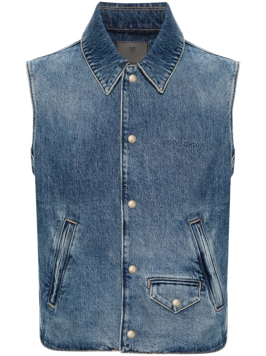 Givenchy Denim Cotton Sleeveless Vest For Men Indigo Blue With Zip Pockets And Flap Pockets