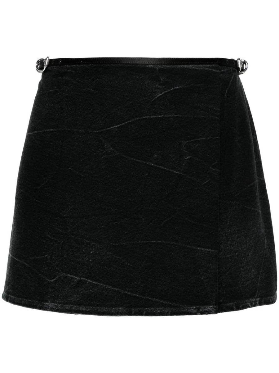 Givenchy VoYou Denim Mini Skirt Luxurious Wraparound Belted Waist For Women Black Cotton Denim