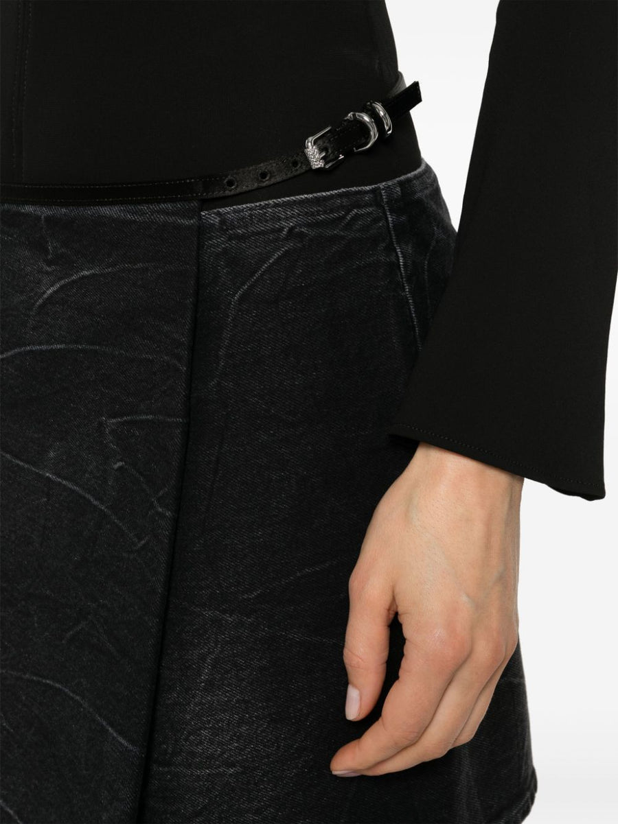 Givenchy VoYou Denim Mini Skirt Luxurious Wraparound Belted Waist For Women Black Cotton Denim