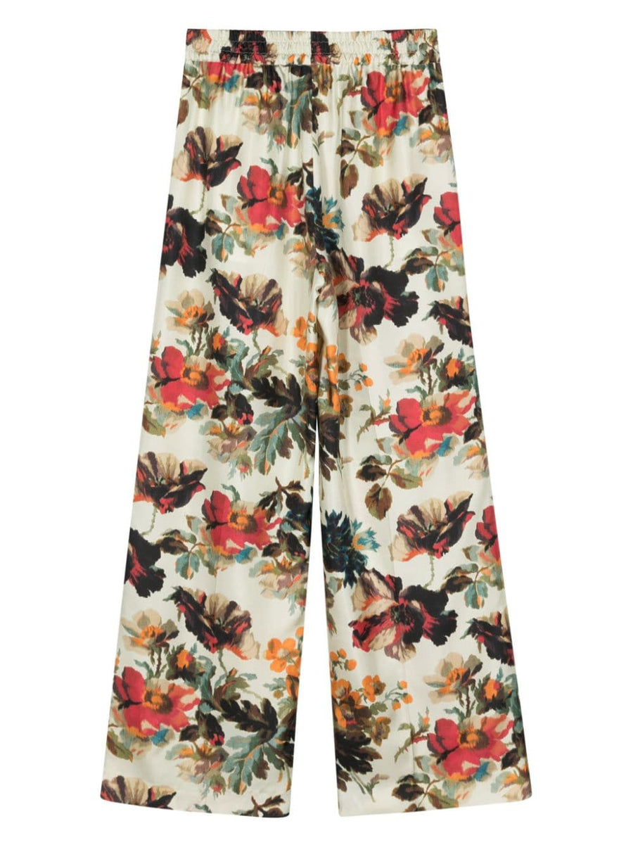 Alberto Biani Printed Silk Wide Leg Trousers For Women With Luxurious Draping And Vibrant Green Floral Print