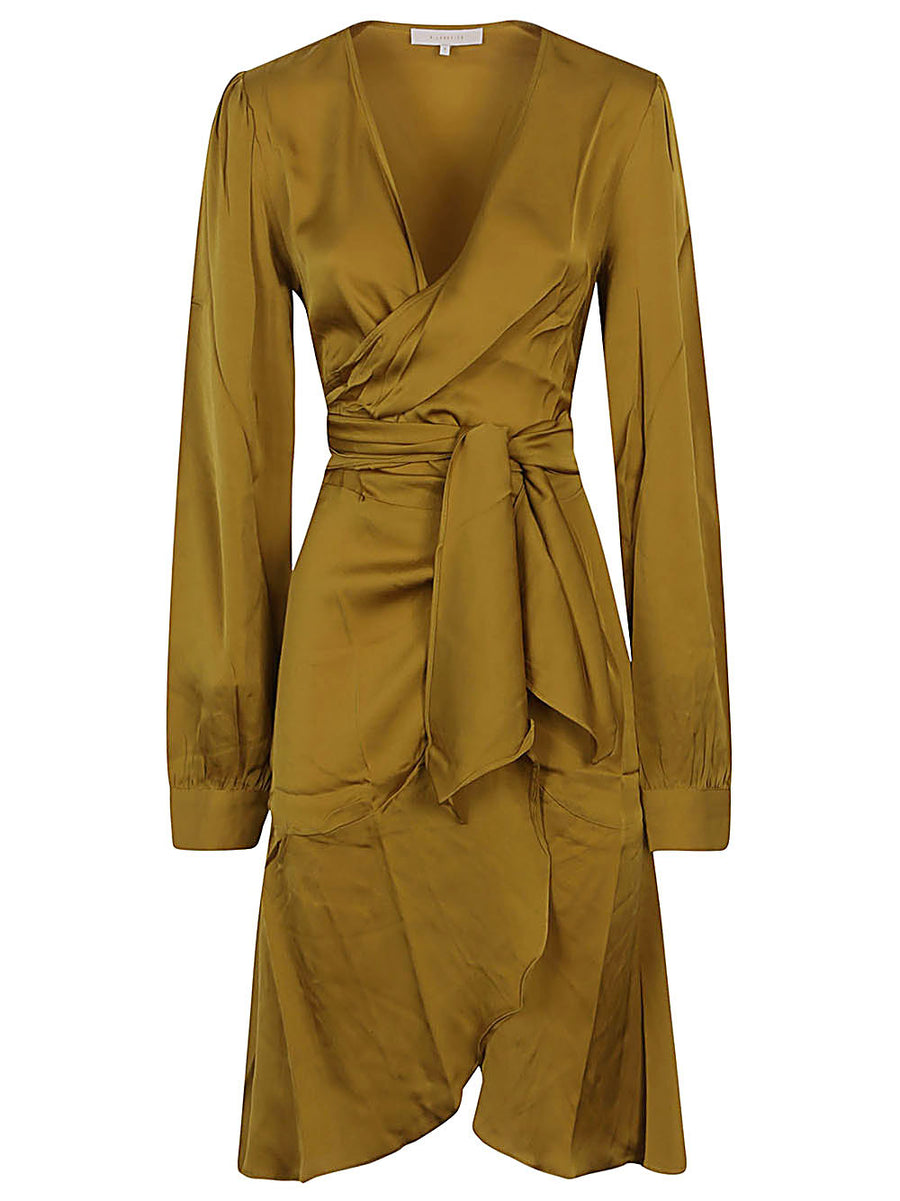 Silk95Five Ananda Silk Short Dress Gold For Women With V Neck Waist Knot Flared Silhouette