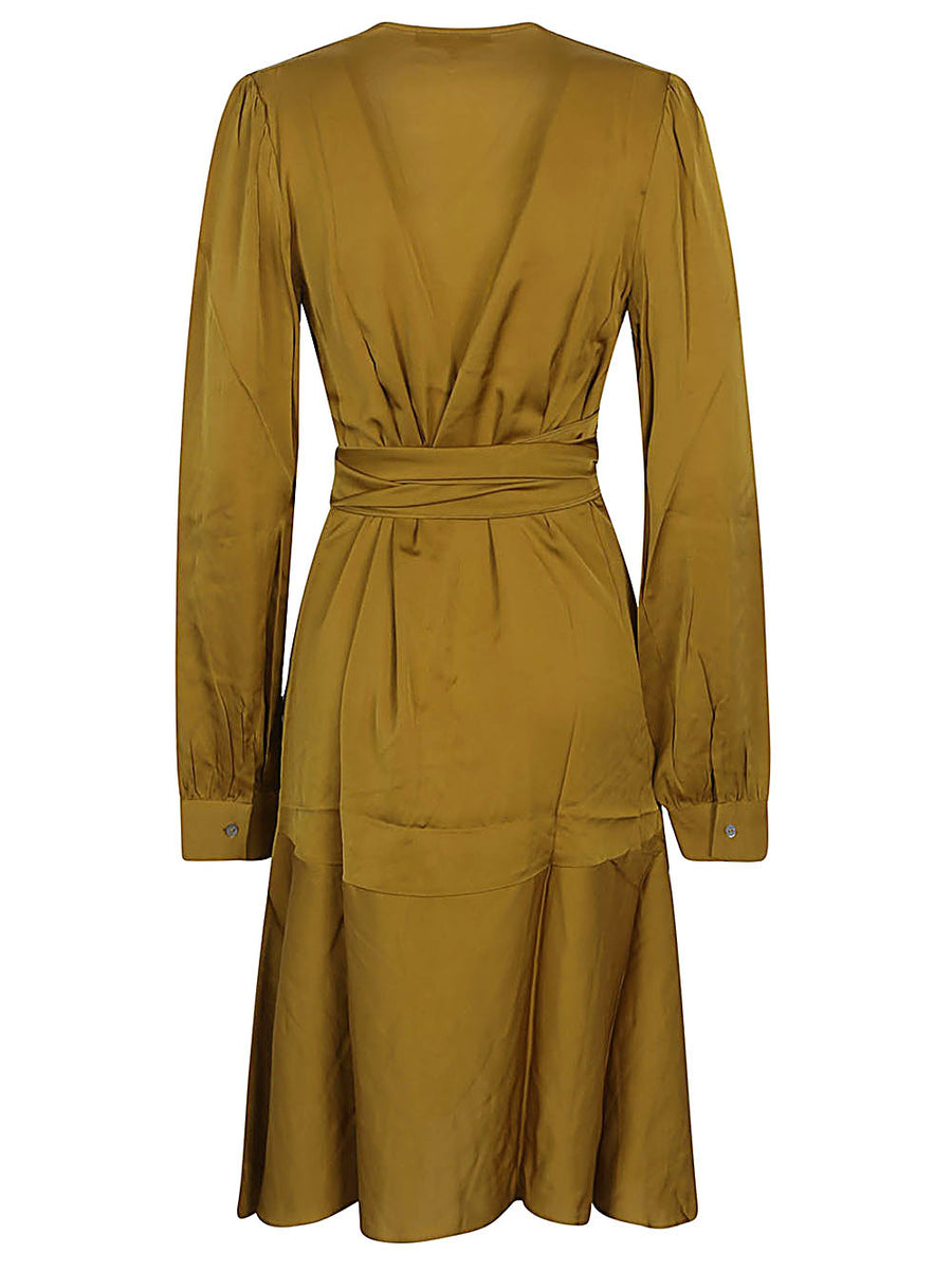 Silk95Five Ananda Silk Short Dress Gold For Women With V Neck Waist Knot Flared Silhouette
