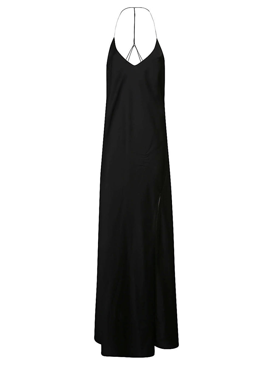 The Nina Studio Black Long Dress With V Neck Side Slit And Crossed Back Straps For Women Evening Wear