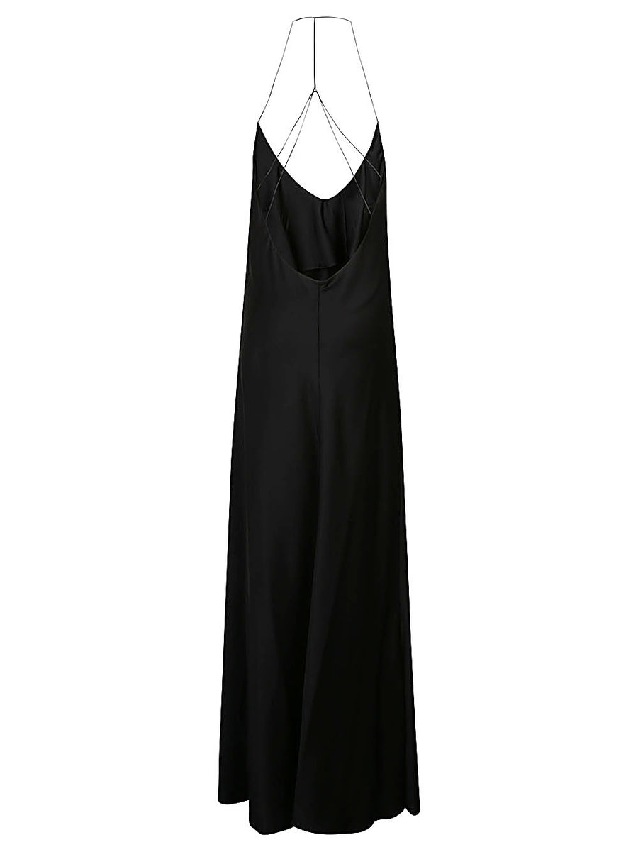The Nina Studio Black Long Dress With V Neck Side Slit And Crossed Back Straps For Women Evening Wear