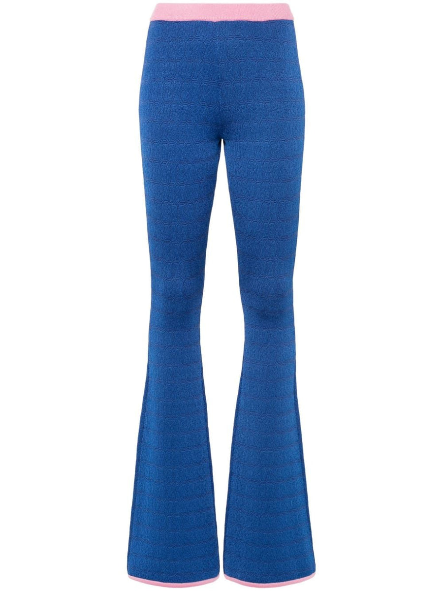 Bally Flared Trousers Navy Silk Knit Jacquard Pull On For Women Luxurious Comfort And Flattering Silhouette