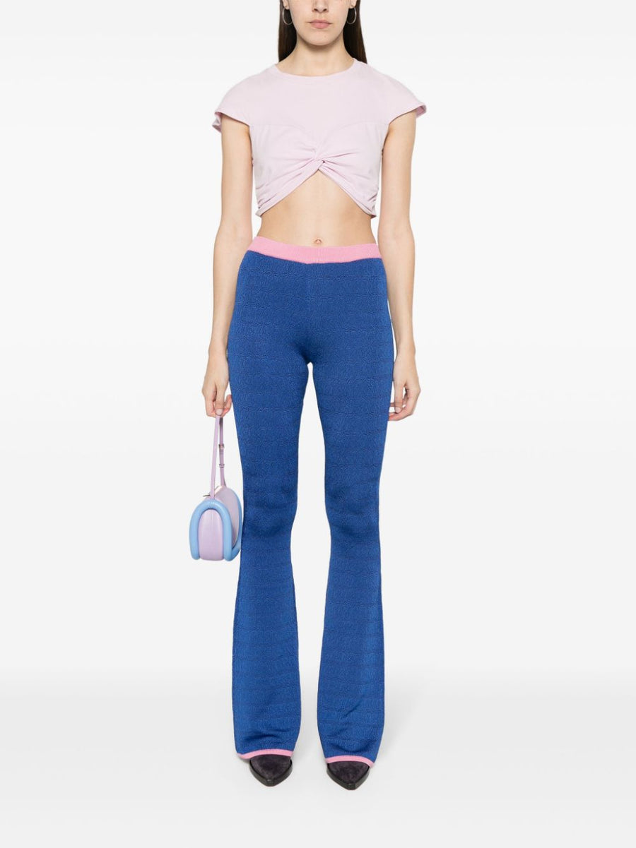 Bally Flared Trousers Navy Silk Knit Jacquard Pull On For Women Luxurious Comfort And Flattering Silhouette