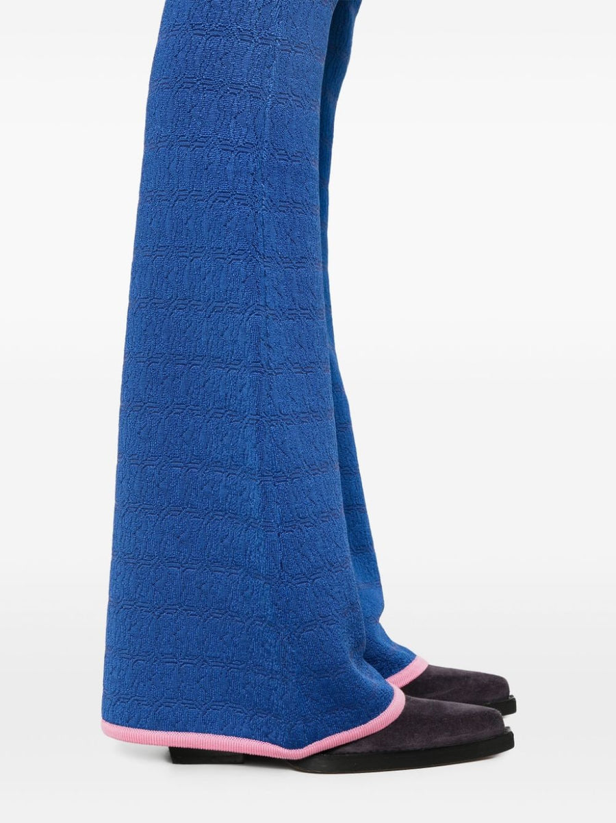 Bally Flared Trousers Navy Silk Knit Jacquard Pull On For Women Luxurious Comfort And Flattering Silhouette
