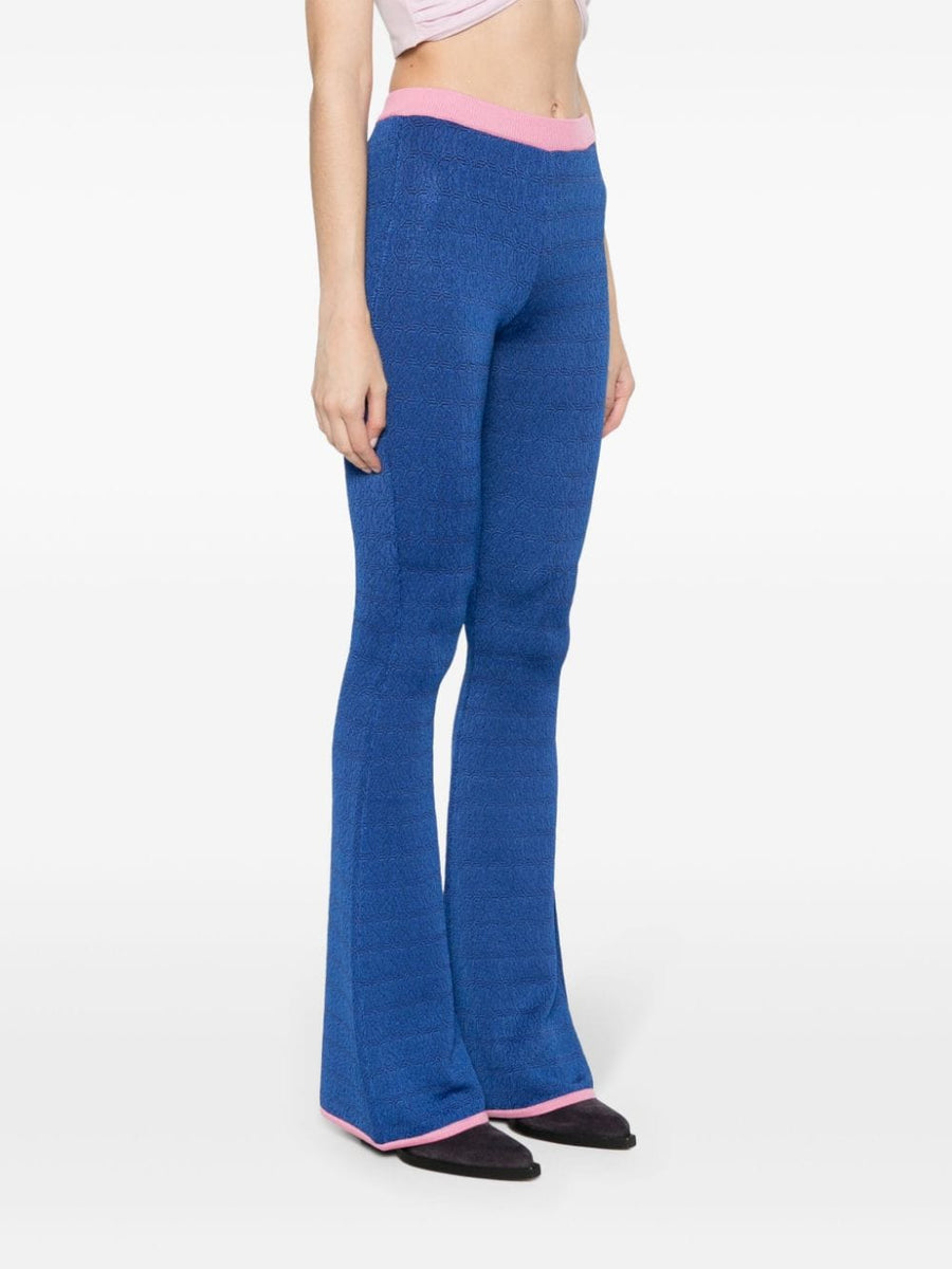 Bally Flared Trousers Navy Silk Knit Jacquard Pull On For Women Luxurious Comfort And Flattering Silhouette