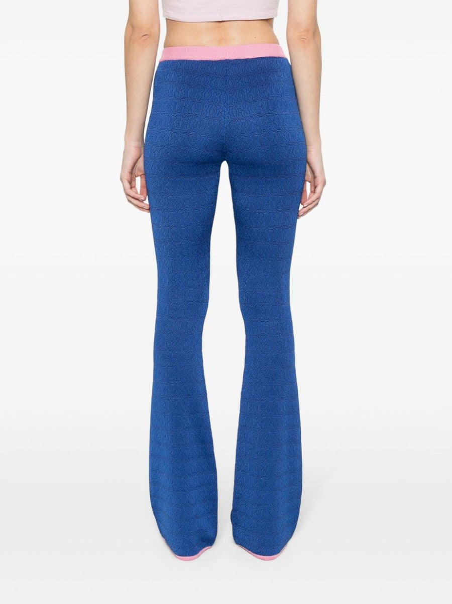 Bally Flared Trousers Navy Silk Knit Jacquard Pull On For Women Luxurious Comfort And Flattering Silhouette