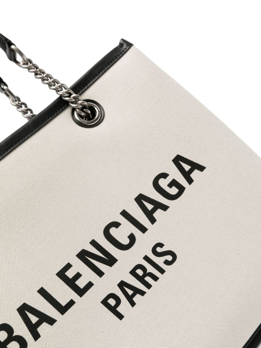 Balenciaga Logo Print Canvas Tote Bag For Women Beige Calf Leather Outer With Chic Organized Interior Pockets