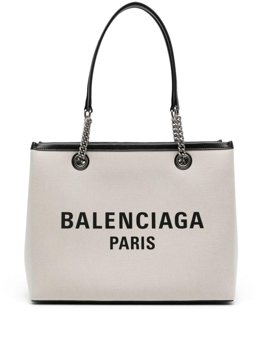 Balenciaga Logo Print Canvas Tote Bag For Women Beige Calf Leather Outer With Chic Organized Interior Pockets