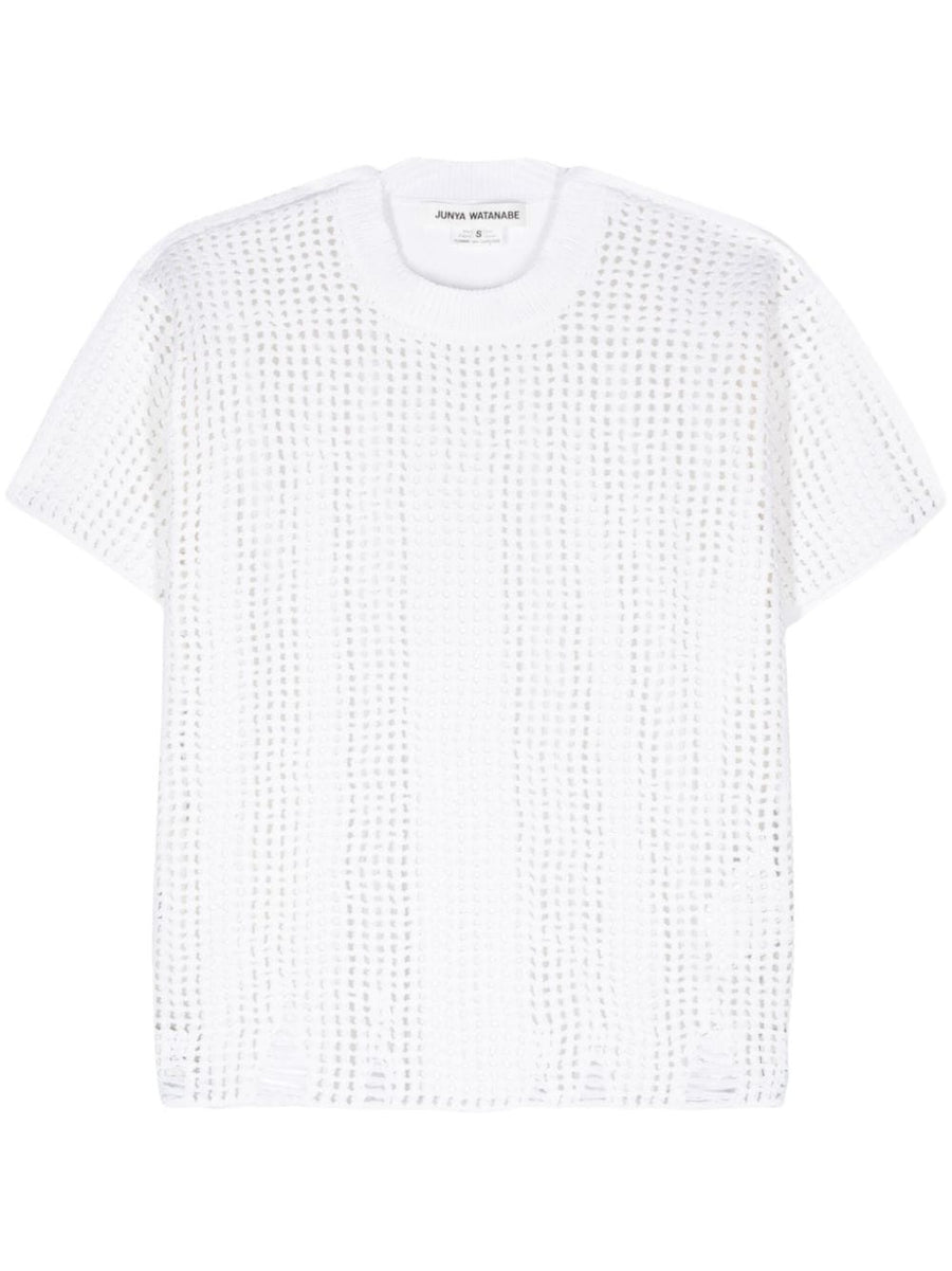 Junya Watanabe Open Knit Crewneck T Shirt For Women Lightweight Cream White Luxury Top