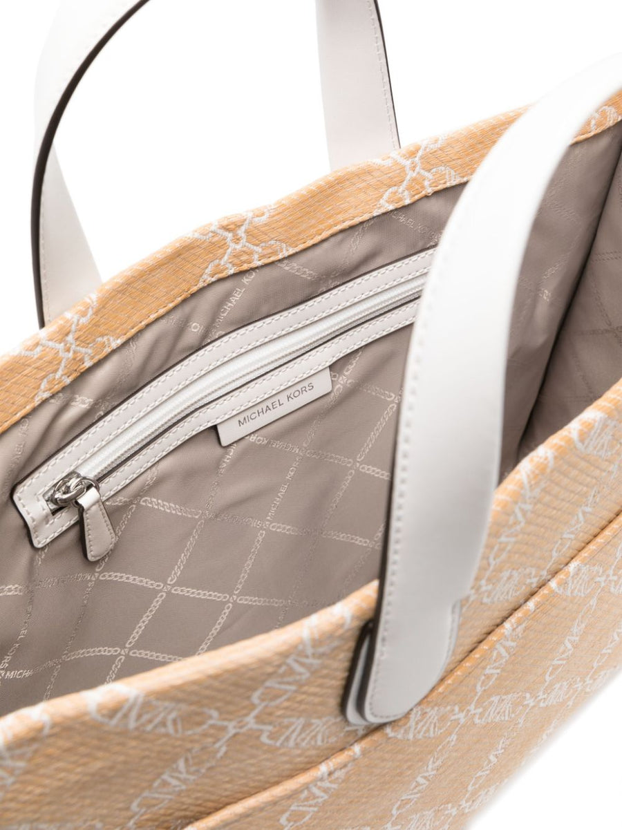 MMK Gigi Raffia Tote Bag For Women Refined Beige Straw Calf Leather Trim Open Top Monogram Jacquard