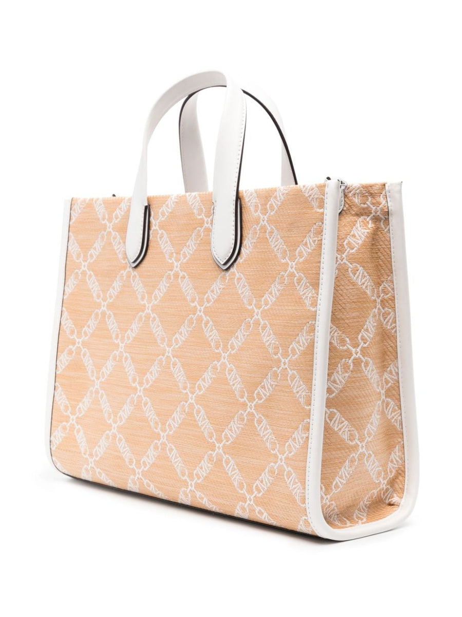 MMK Gigi Raffia Tote Bag For Women Refined Beige Straw Calf Leather Trim Open Top Monogram Jacquard