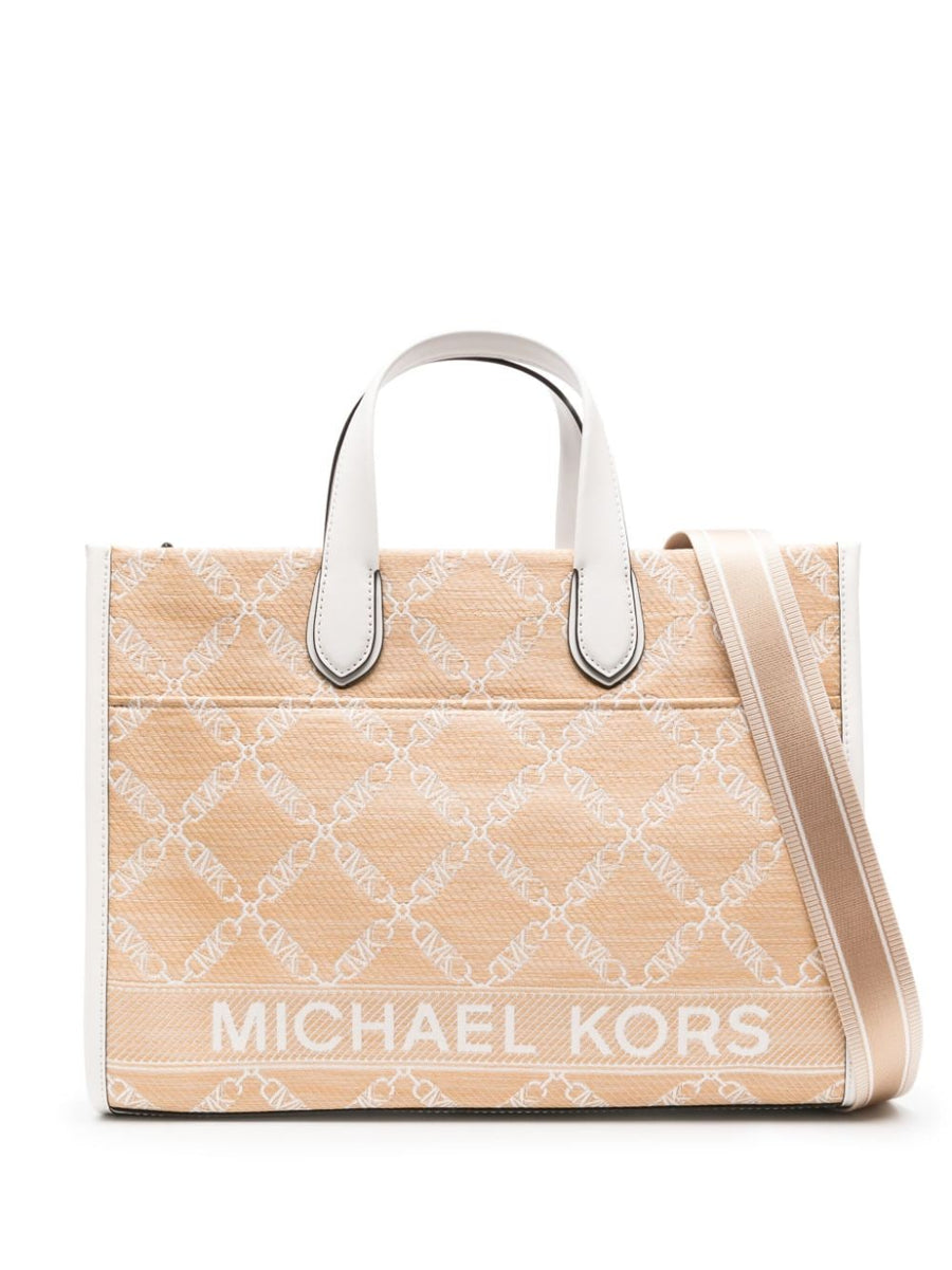 MMK Gigi Raffia Tote Bag For Women Refined Beige Straw Calf Leather Trim Open Top Monogram Jacquard