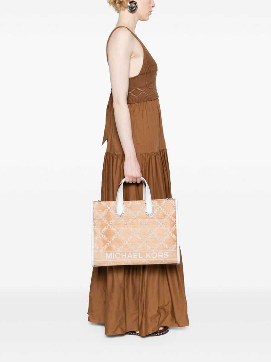 MMK Gigi Raffia Tote Bag For Women Refined Beige Straw Calf Leather Trim Open Top Monogram Jacquard