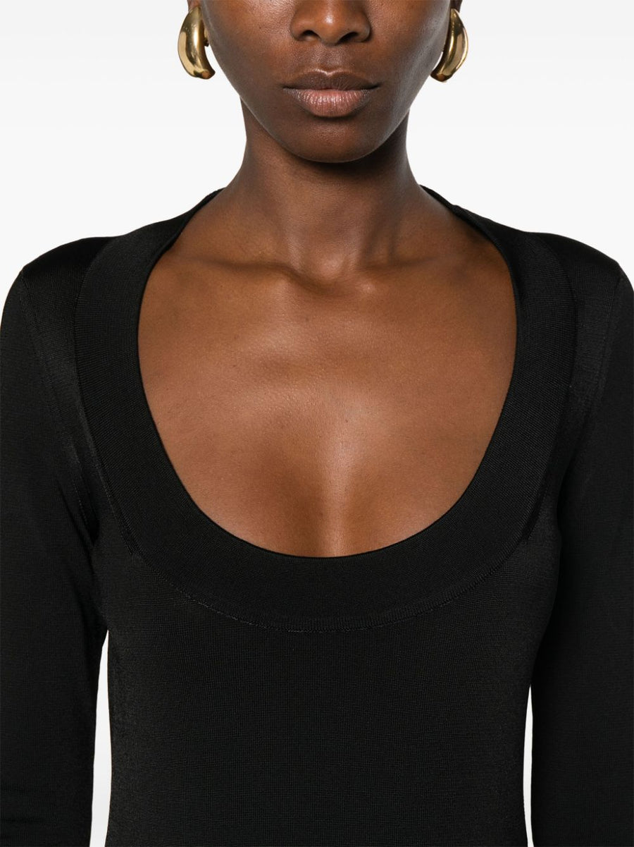 Saint Laurent Décolleté Mini Dress Women Black Luxury Stretch Knit City Ready Scoop Neck Sleeves Thigh Grazing Length