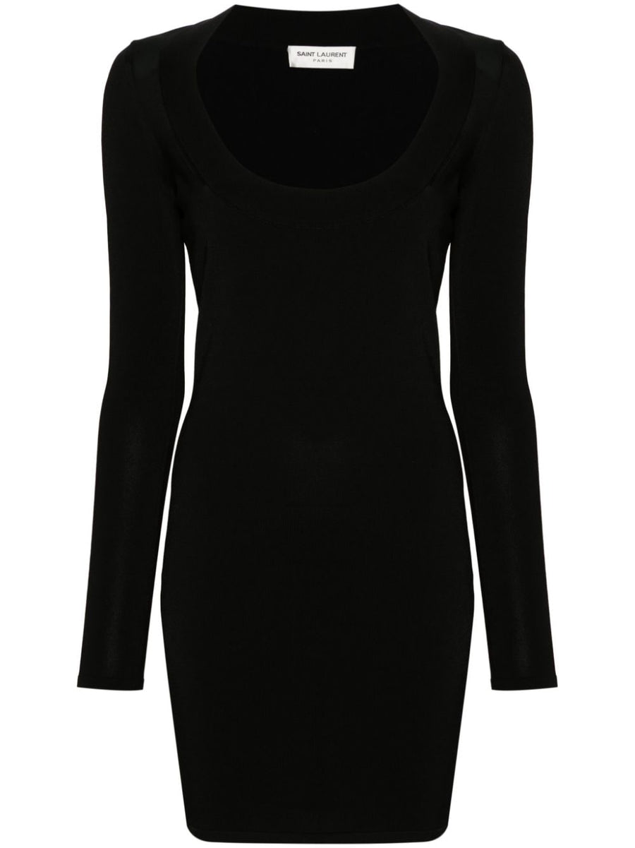Saint Laurent Décolleté Mini Dress Women Black Luxury Stretch Knit City Ready Scoop Neck Sleeves Thigh Grazing Length
