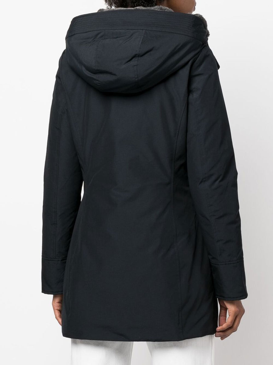 Woolrich Boulder Parka Coat For Women Down Insulated Navy With Classic Hood And Front Zip Warmth