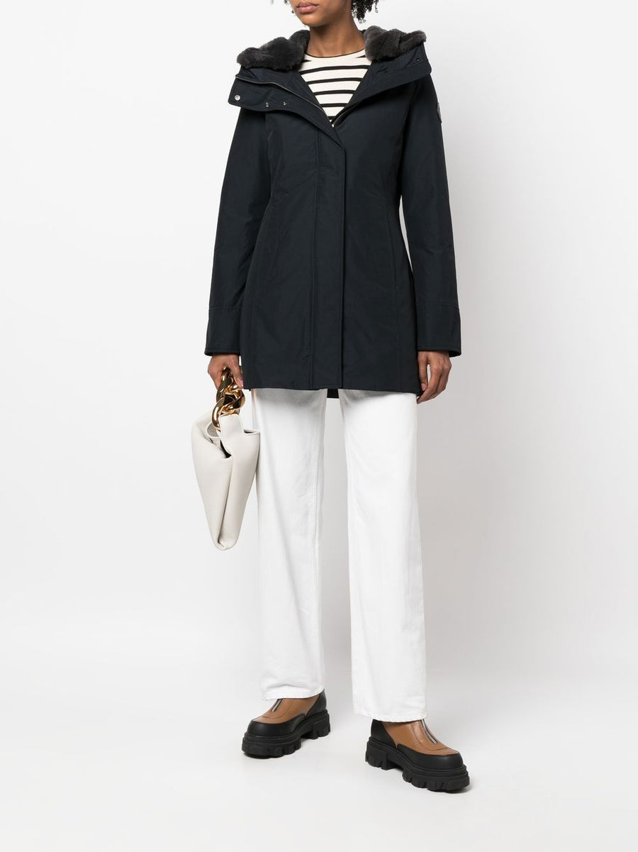 Woolrich Boulder Parka Coat For Women Down Insulated Navy With Classic Hood And Front Zip Warmth